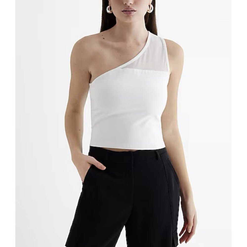 Express Womens Body Contour Stretch One Shoulder Mesh Cropped Tank White Size XS